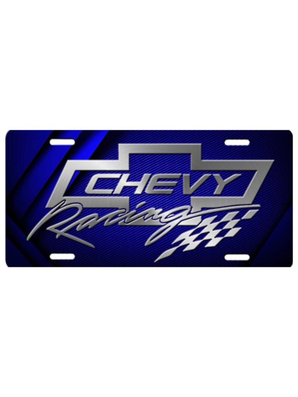 Chevy Racing Logo on Metal Aluminum Vanity License Plate Tag Silver and Blue